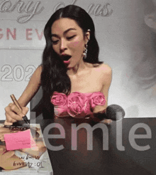 a woman in a pink dress sits at a table with a microphone and a sign that says emle