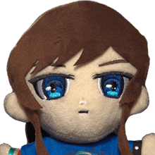 a close up of a stuffed doll with blue eyes and brown hair