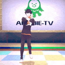 a person is dancing in front of a sign that says abbie-tv