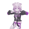 a girl with purple hair and a cat ear is dancing in a hoodie .