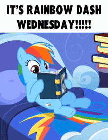 a cartoon of rainbow dash reading a book with the caption it 's rainbow dash wednesday