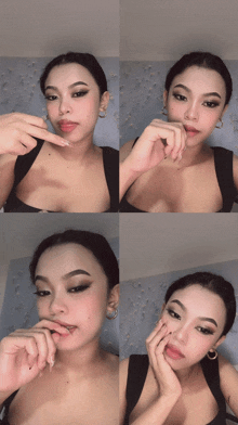 a collage of four photos of a woman with her hand on her chin