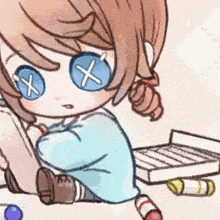 a drawing of a girl with x 's on her eyes sitting on the floor