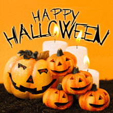 a halloween greeting card with pumpkins and candles in the background