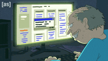a cartoon of a man looking at a computer screen with the letters [ as ] in the corner