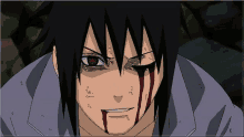 a close up of a naruto character with blood coming out of his face .