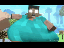 a minecraft character with a huge belly is standing in front of a sign that says why don t you recycle