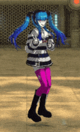 a video game character with blue hair and pink pants is dancing