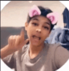 a young boy wearing a cat ear mask is making a funny face .