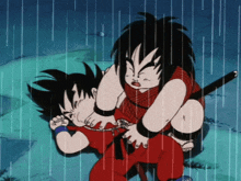 a cartoon of a man holding another man in the rain