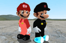 two mario characters standing next to each other with one wearing a hat with the letter b