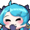 a pixel art drawing of a girl with blue hair covering her mouth .