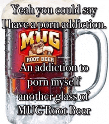 a mug of root beer with a bulldog on it