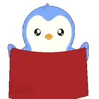a blue and white penguin is holding a red sign