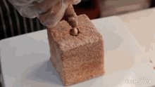a person is cutting a piece of cake with a knife .