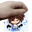 a hand is holding a cartoon character 's head in a pixel art .