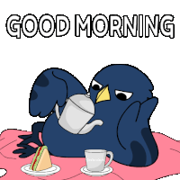 a cartoon of a bird pouring tea into a cup with the words good morning written above it