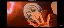 a girl with white hair is reaching out her hand towards the camera and says `` behind you '' .