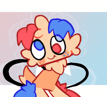 a cartoon character with red and blue hair and a black tail
