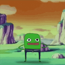 a cartoon of a green frog in a landscape with mountains in the background