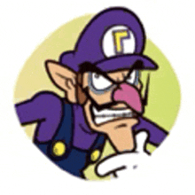 a cartoon of wario wearing a purple hat with a yellow letter f on it .