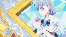 a girl in a white dress is pointing at something in a diamond shaped frame