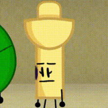 a cartoon drawing of a yellow object with a face and legs