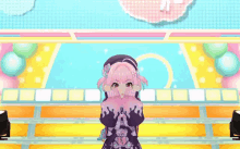 a close up of a pink and green anime girl wearing a hat and choker .