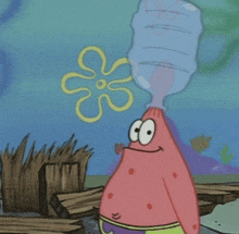 patrick star from spongebob squarepants is drinking water from a bottle