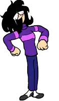 a cartoon character wearing a purple sweater and blue pants is flexing her muscles .