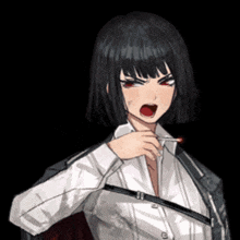 a girl with short black hair and red eyes is wearing a white shirt