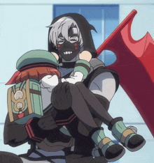 a man in a mask is carrying a child in his arms with a red flag behind him