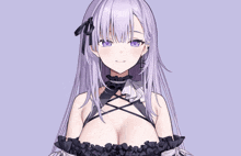 a girl with long purple hair and a black dress