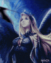 a painting of a woman with black wings and the words inshot on the bottom right