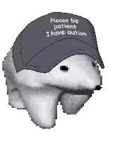 a pixel art drawing of a polar bear wearing a hat that says please be patient i have autism
