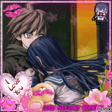 a picture of a boy kissing a girl with a teddy bear and a heart that says i love you