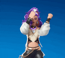 a statue of a woman with purple hair is dancing on a blue background