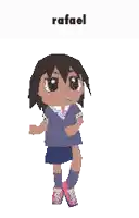 a pixel art drawing of rafael with a blue shirt and blue skirt