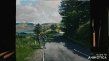a painting of two people walking down a road with the words made in animotica at the bottom