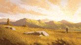 a painting of a person walking through a field with mountains in the background