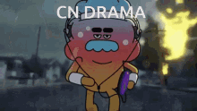 a cartoon character is wearing headphones and holding a book with the words cn drama written on the bottom