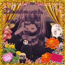 a picture of a girl wearing a mask with the words dia duit ar maidin mo ghrá on it