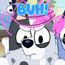 a cartoon dog wearing a pink hat with the word " buh " on it