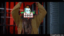 a pixel art of a robot with the letter i on its face
