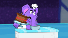 a cartoon elephant is eating a cake with candles on it