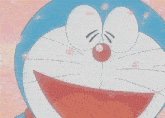 a close up of doraemon with a red nose