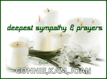 a card that says " deepest sympathy & prayers " with candles and flowers