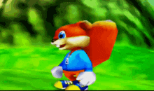 a cartoon squirrel is wearing a blue shirt with the letter a on it