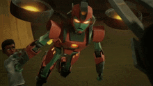 a red and green robot with glowing yellow eyes