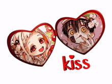 two hearts with a boy and a girl and the word kiss below them